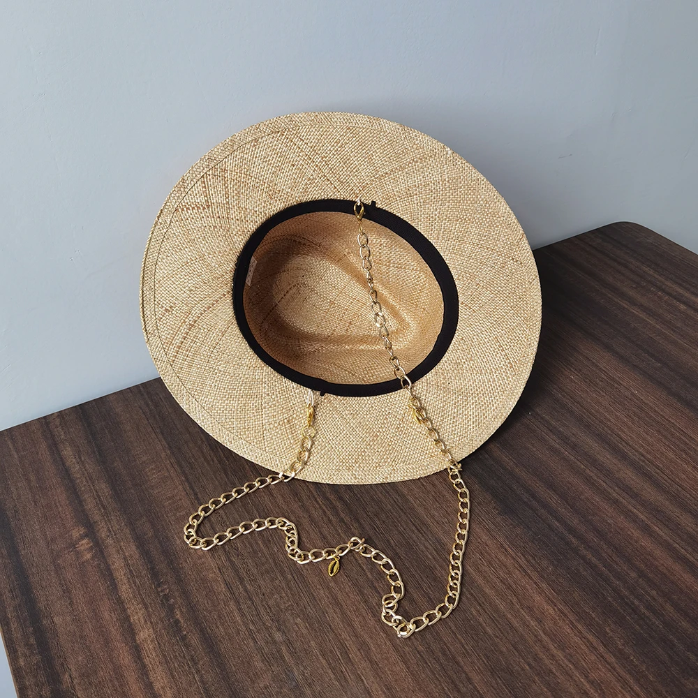 100% natuurlijke raffia stro fedora hoed met schelp en gouden ketting brede rand sergi gemaakt strohoed