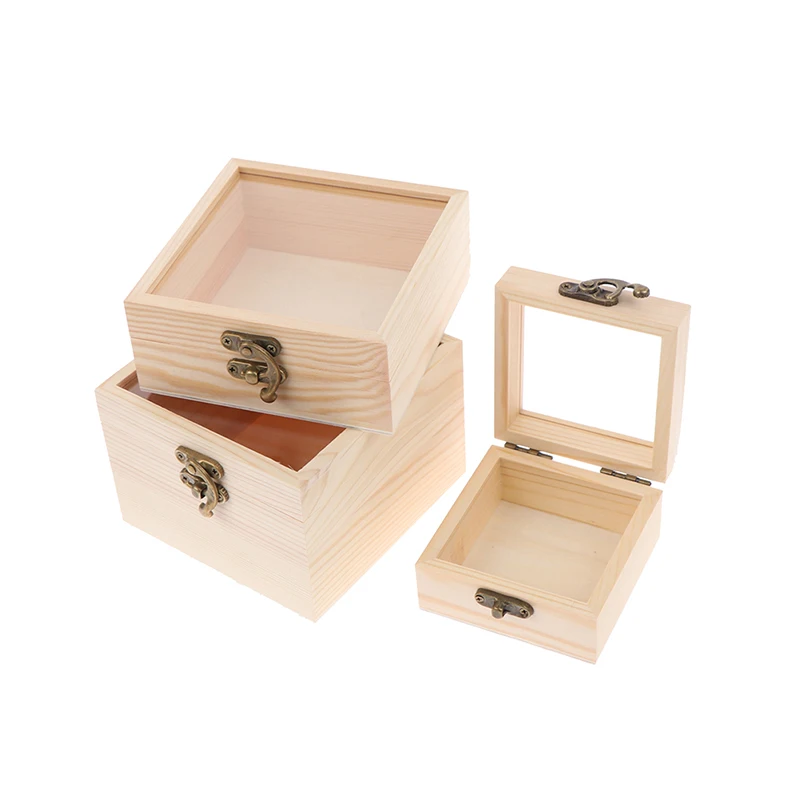 Wooden Storage Box Plain Wood With Lid Multifunction Square Hinged Craft Boxes For Jewelry Storage Decoration