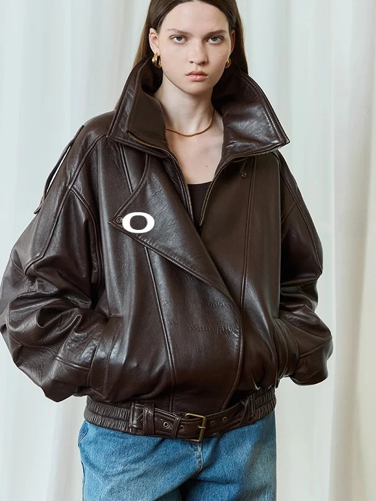 

Fall 2025 Women's Short Sheepskin Leather Jacket Vintage High-End Feelings Shoulder Zipper Long Sleeve Double Collar Coat