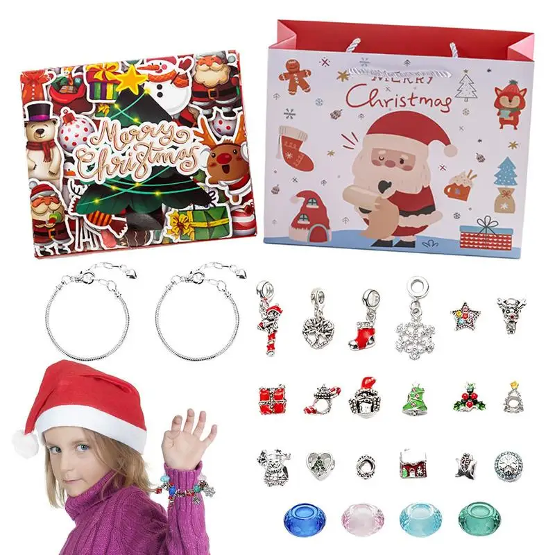 2024 Christmas Advent Calendar Bracelets Kids Gift Box 24 Grid Girls Navidad Themed DIY Jewelry Charm For New Year Gift