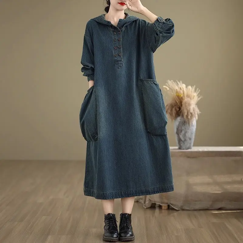 Large Pocket Hooded Denim Dress For Women 2024 Autumn Winter Double Breasted Distressed  Loose Long Vintage Fashion Dress k2774