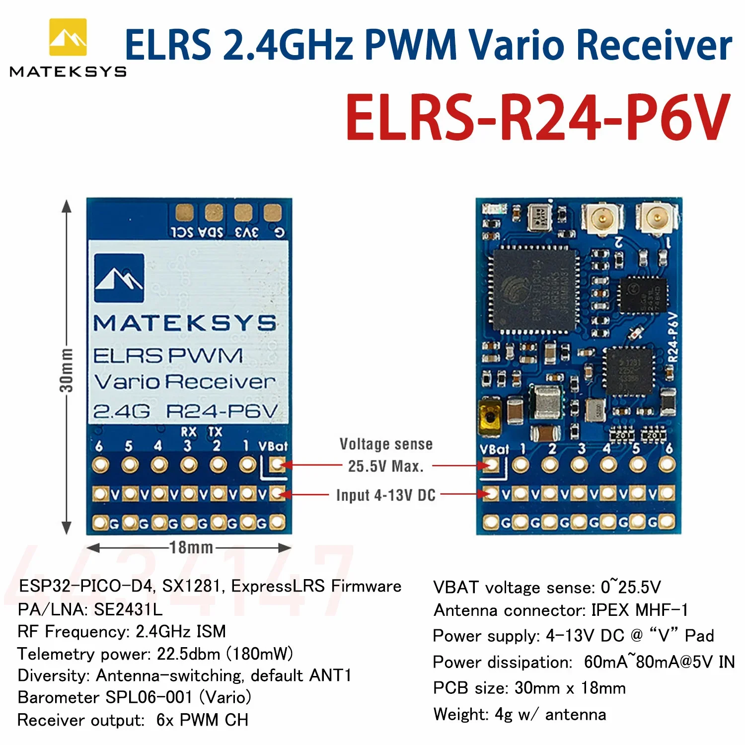 MATEK MATEKSYS R24-P6V 2.4GHZ EXPRESSLRS PWM VARIO Receiver 22.5dbm (180mW) With IPEX Antenna For RC FPV Long Rang Racing Drone