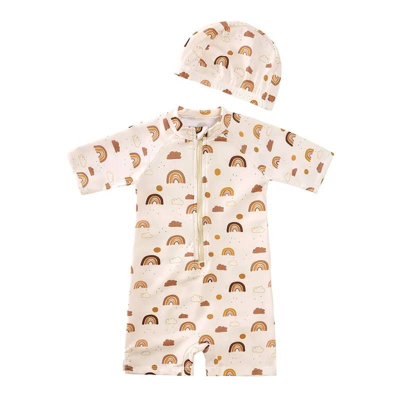 New Baby Boys Sunscreen Swimwear Summer Kids Floral Striped Pattern Zipper Bathing Suits Girls Beach Printed Swimming Hot 1-8Y
