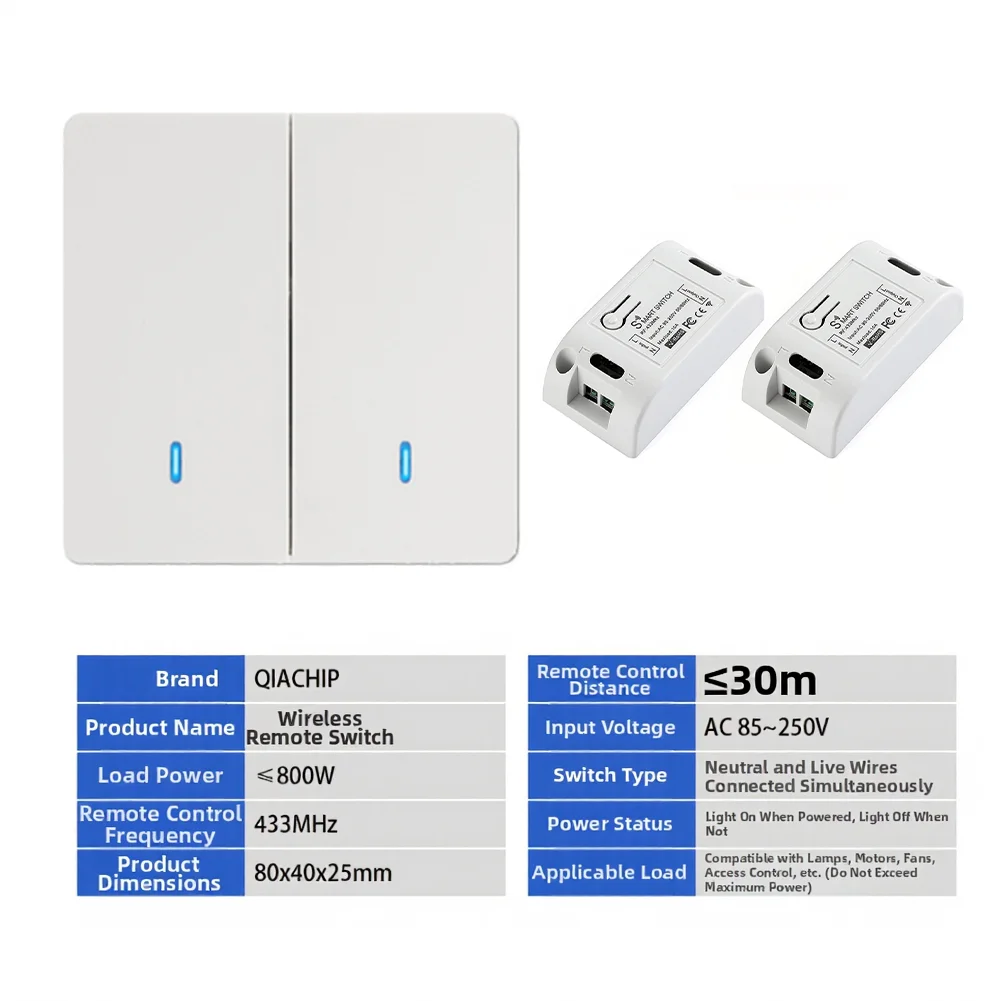 AC 85 250V Dual Button Wireless Light Switch with RF 433MHz Signal Up to 100M Range Includes Two Receivers No Wiring Needed