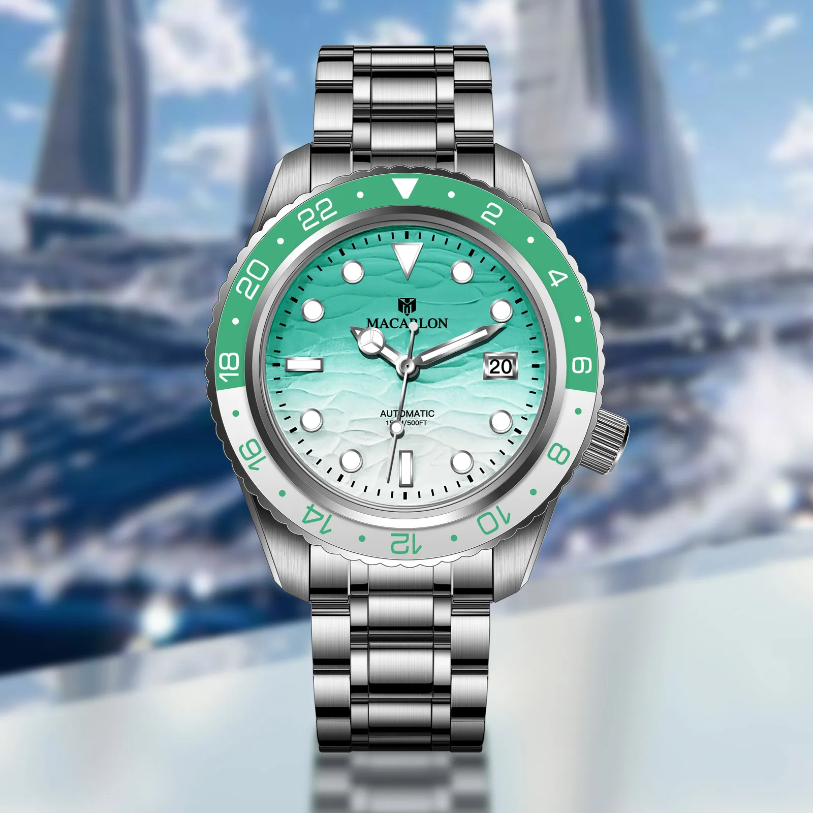 MACARLON Men's 44mm Automatic Watch China NH35 Movement Sapphire Crystal Screw Crown 30ATM Luminous Date Steel Bracelet Clasp