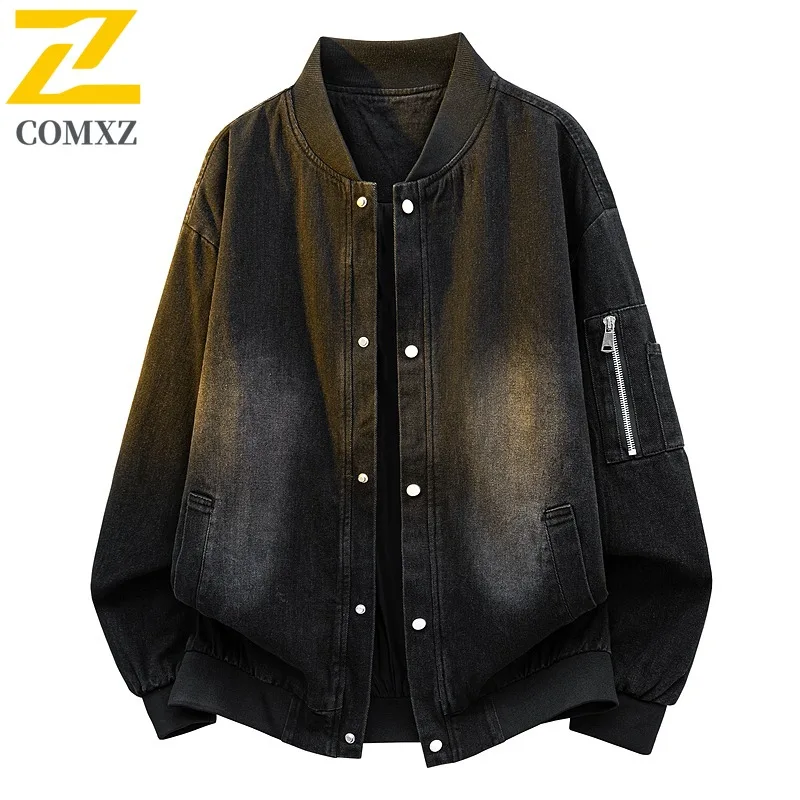 

COMXZ 2025 весенняя новая коллекция, американская джинсовая куртка в стиле ретро, модная и универсальная джинсовая куртка с лацканами, спортивная джинсовая куртка унисекс