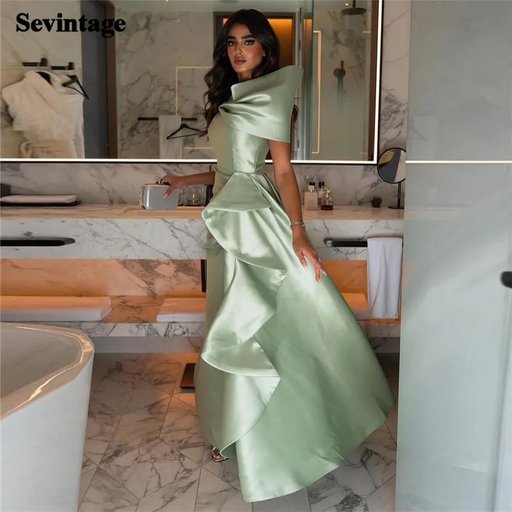 

Sevintage Modern Minit Green Saudi Prom Dress Satin Mermaid Ruffles Floor Length Evening Dress vestidos para eventos especiales