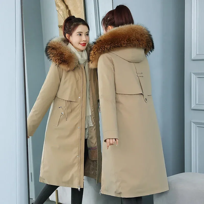 2022 New Winter Jacket Women Parka Long Coat Wool Liner Hooded Jacket Fur Collar Thick Warm Snow Wear Padded Parka Student Coat