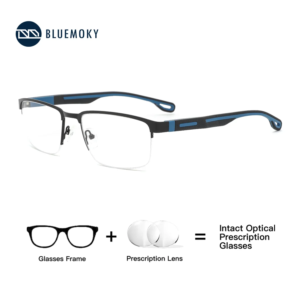 

BLUEMOKY Business Men Glasses Square Semi Frame Metal Construction Professional Look for Office Optical Eyewear