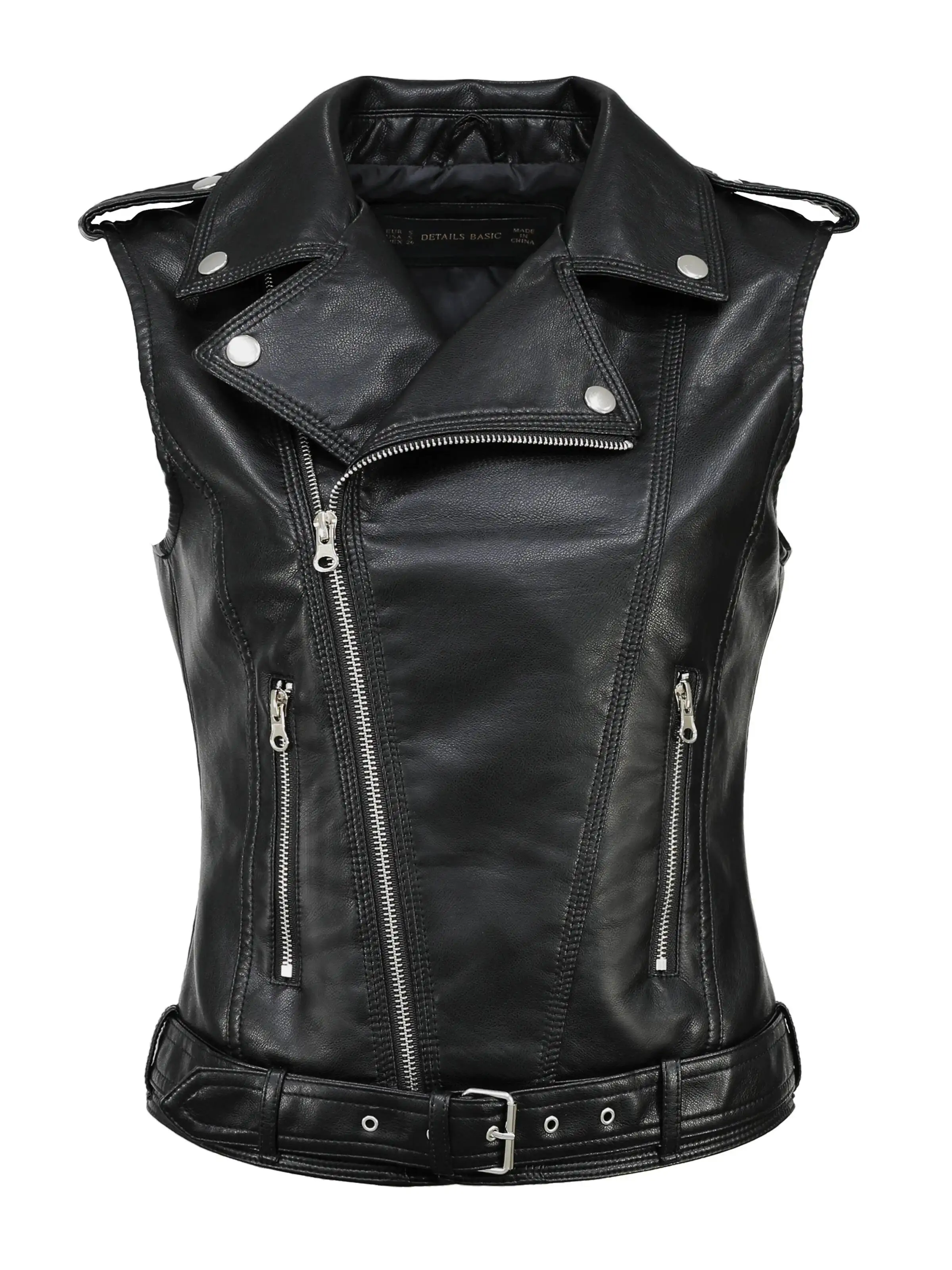 Jaquetas Femininas de Couro Sintético PU Sem Mangas, Pretas, Vermelhas, Coletes, Cinto, Zíperes, Colete, Bolso, Motocicleta, Feminino, Tamanhos Grandes