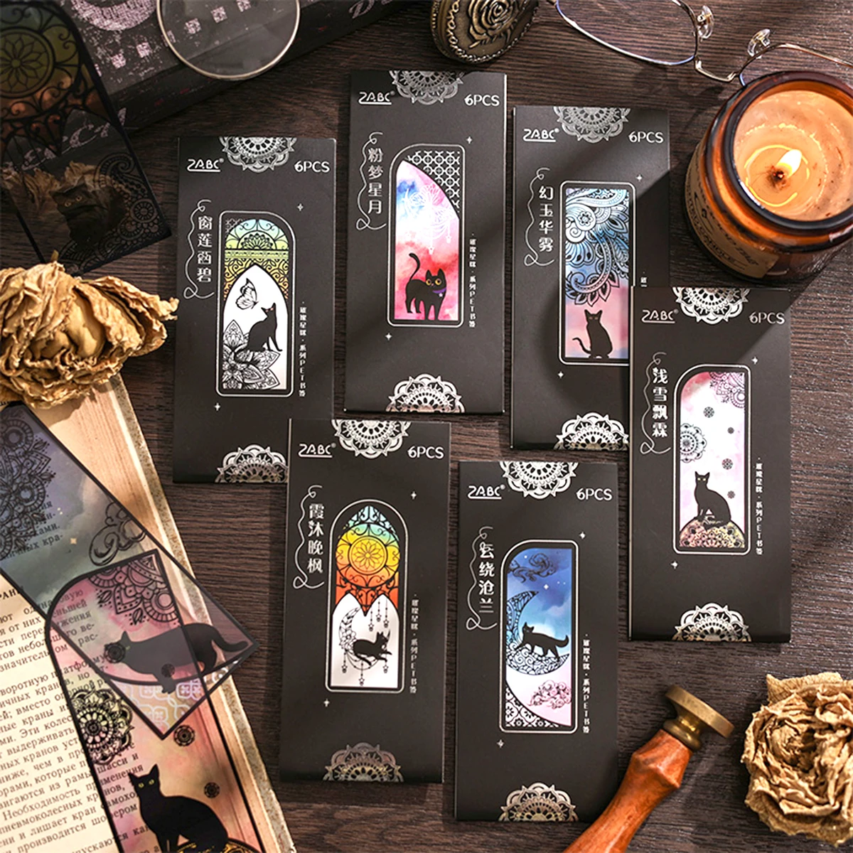 

6pcs/set black kitten bookmark set, waterproof PET material creative bookmark and reading essentials, a gift for a friend
