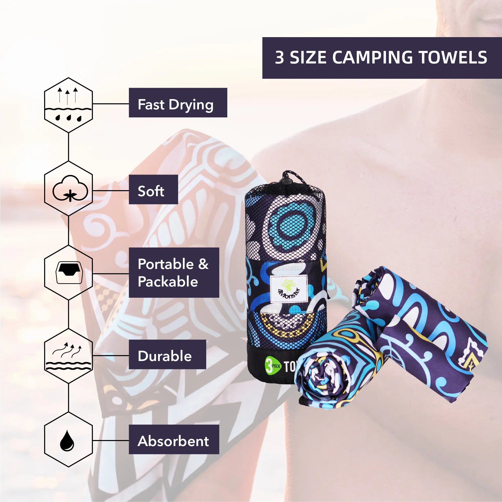 Microfiber Printing Camping Towels, Quick Drying, Ultra Compact,Soft for Gym, 3 Sizes, 1 Pack