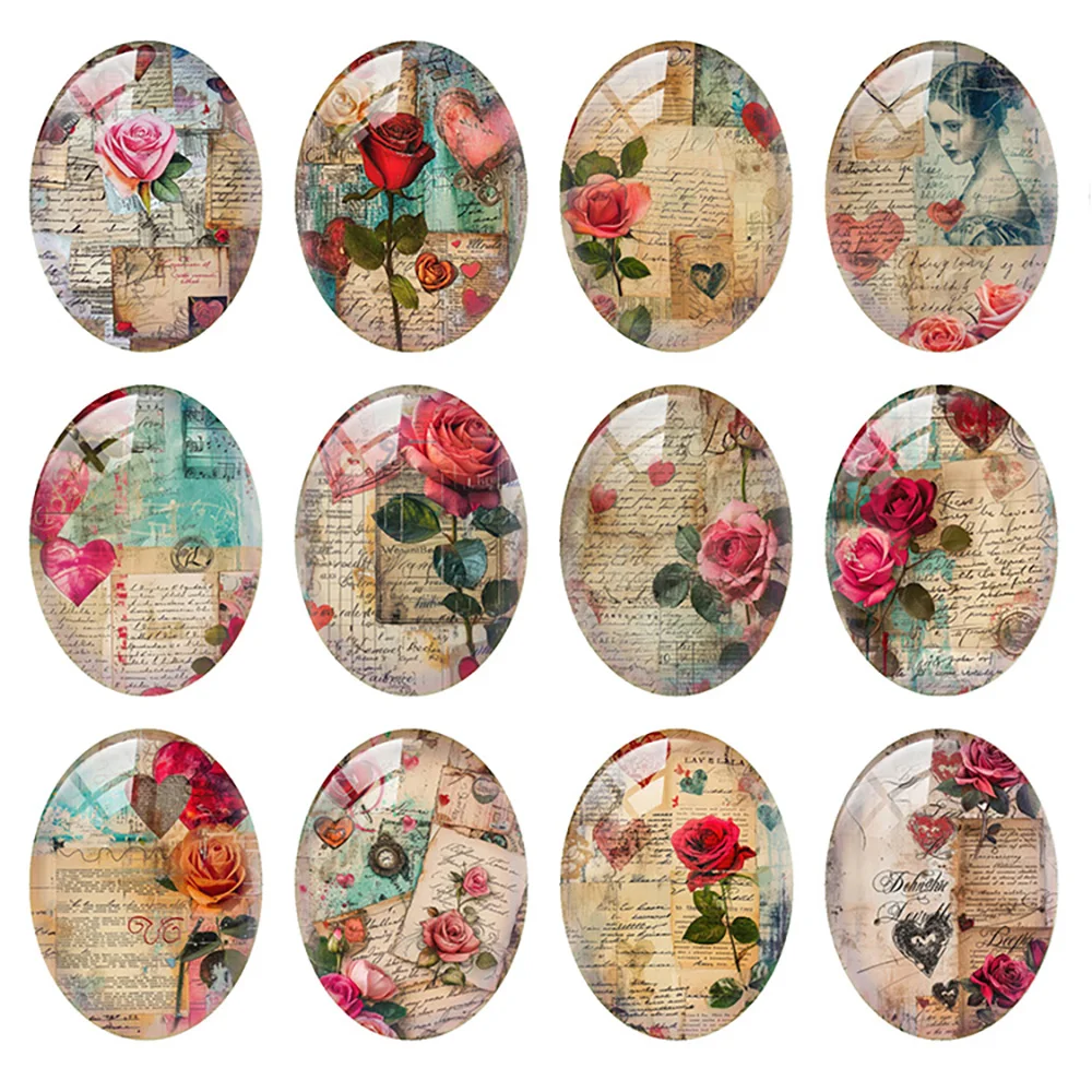Random Mixed Round/Oval/Square Retro Rose Flower Newspaper Photo Glass Cabochon Flatback Demo Cameo For Diy Jewelry Making
