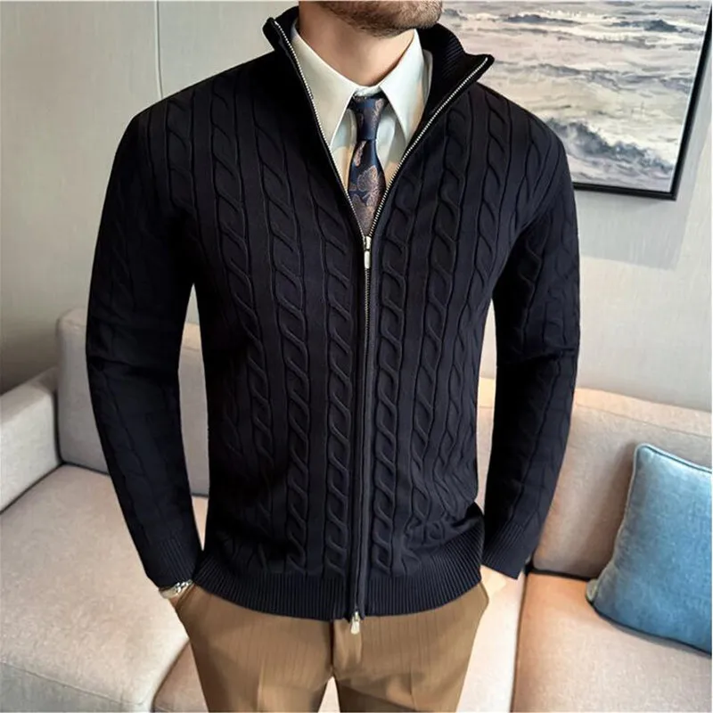 

Мужской свитер, осень-зима, новый облегающий вязаный кардиган с воротником-стойкой на молнии, модные однотонные теплые эластичные вязаные топы, пальто