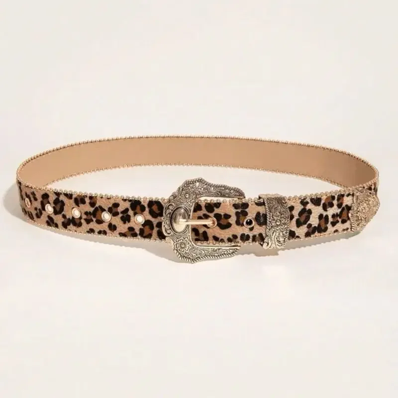 Gothic Retro Women's Belt Fashion Casual Versatile Jeans Accessories Girdle Silver Pin Buckle Leopard Print Pu Leather Waistband