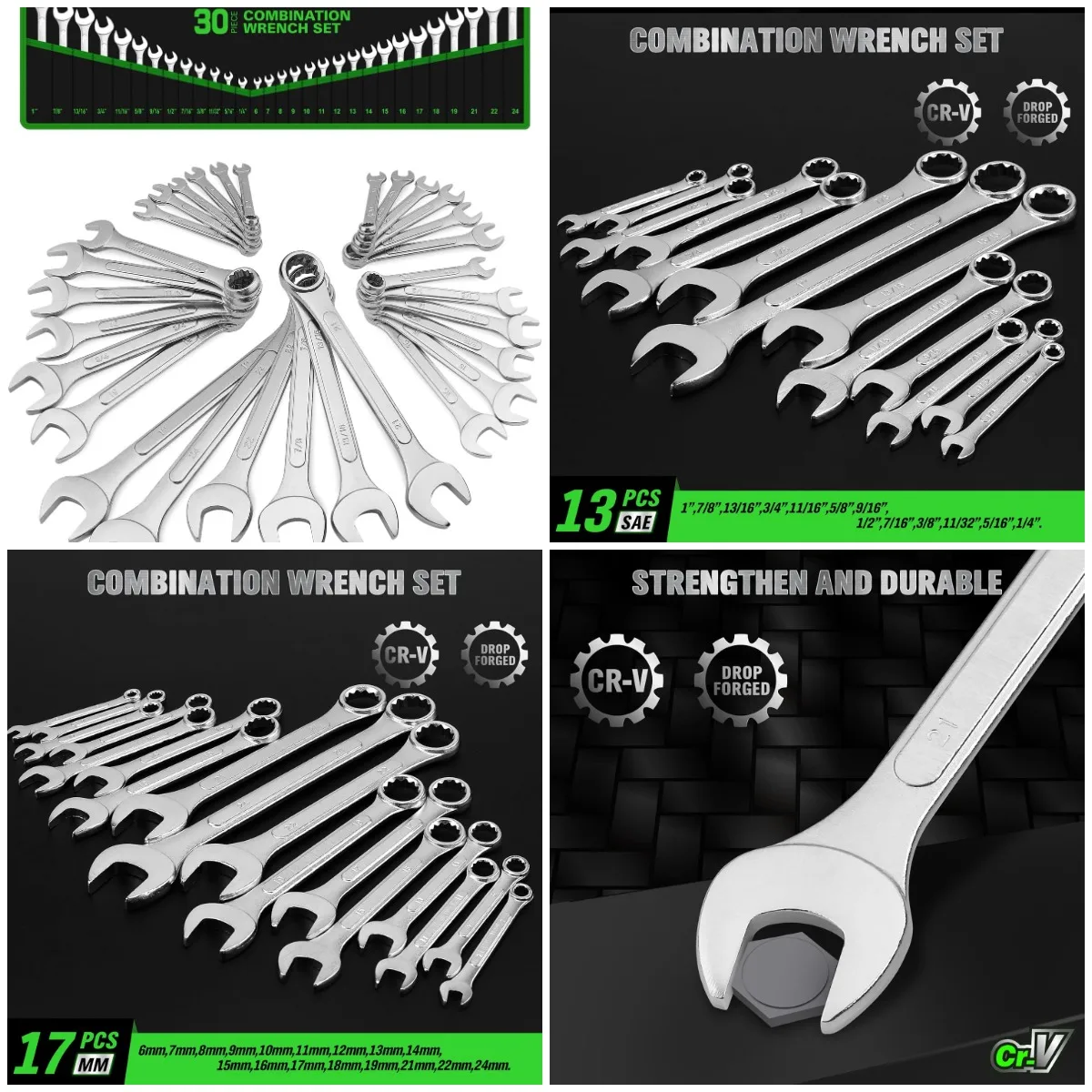 

30-Piece Metric & SAE Combination Wrench Set (6mm-24mm, 1/4'-1') with Rolling Pouch
