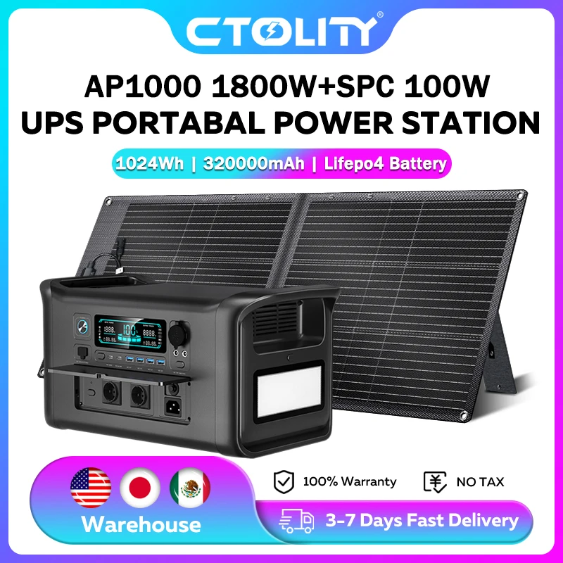 Портативная электростанция CTOLITY AP1000, солнечный генератор 1800 Вт, 1024 Вт·ч, LiFePO4 аккумулятор, выход переменного тока, солнечная панель ETFE 100 Вт 20,5 В