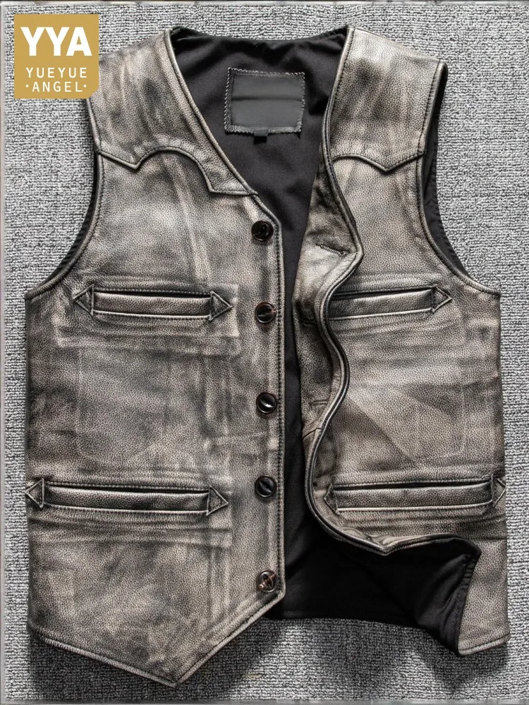 Leisure V Neck Male Genuine Leather Vests Slim Single-Breasted Sleeveless Handmade Men Mixed Color Cowhide Distressed Outerwear