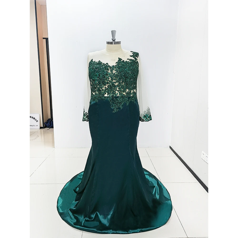 KSDN Elegant Green Prom Dress Long Sleeve Appliques Mermaid Floor Length Luxury Gown Satin Formal Occasion Party Elegant Women