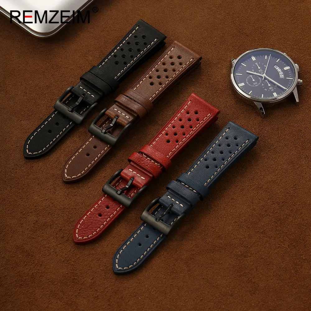 Men Breathable Genuine Leather Watch Wrist Strap 18mm 20mm 22mm Replacement Belt for Male Wristwatch Outdoor Activities