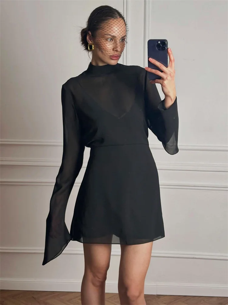Robe d'été décontractée noire pour femmes, robe longue à lacets transparente, en maille unie, à manches longues, robe de travail, robe mini sexy pour femmes