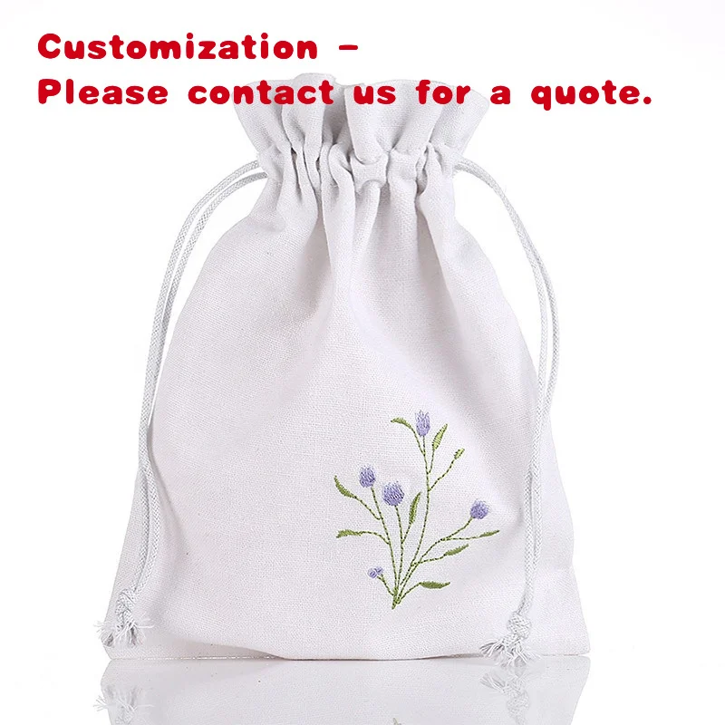 custom.Customizable White Muslin Cotton Lavender Packaging Pouches Reusable Embroidered Jewelry