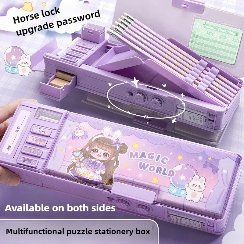 Multi-functional Men's Stationery Box Women's Children's Password Lock Pencil Case Double Layer Capacity Plastic Pencil Box