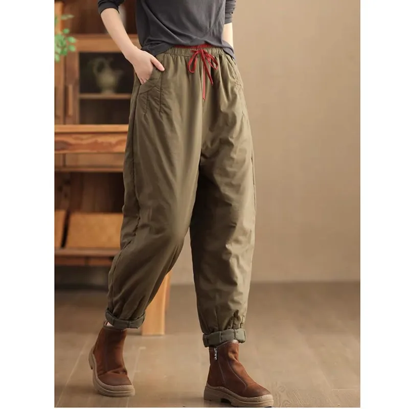 

2023 New Arrival Winter Arts Style Women Cotton Thickening Warmth Ankle-length Pants Casual Loose Elastic Waist Harem Pants V864