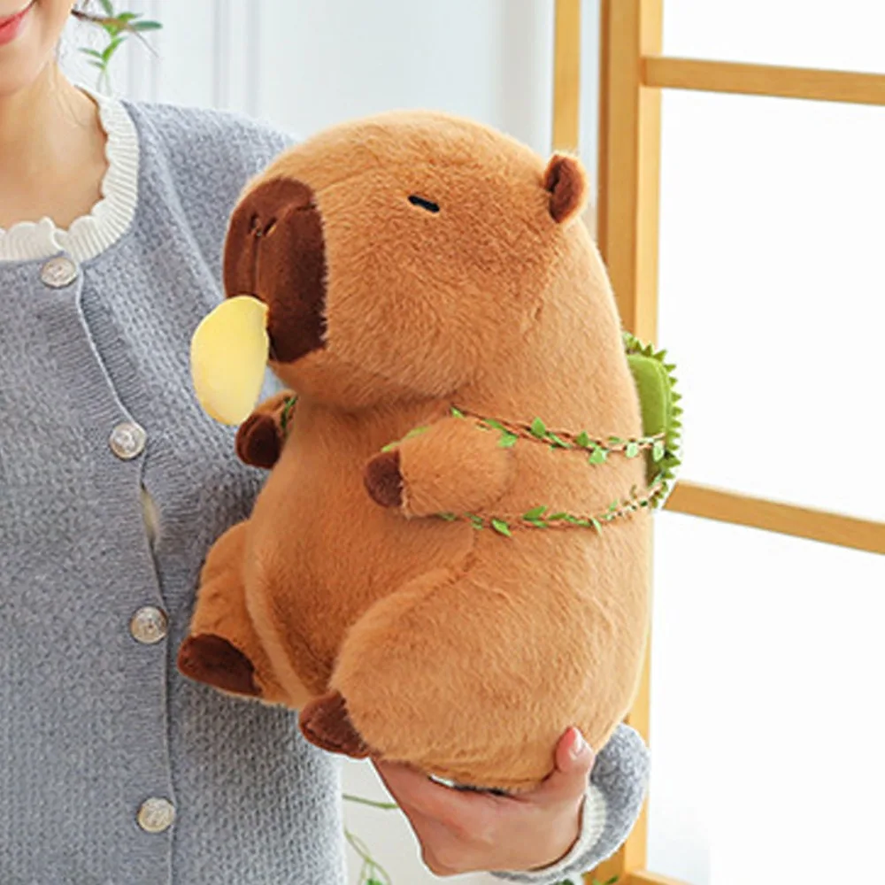 Comer durian capivara boneca de pelúcia mochila frutas pode puxar simulação capivara ornamentos recheado pp algodão recheado capivara boneca