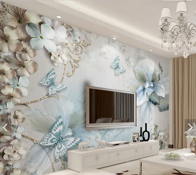 custom 3D mural blue butterfly sofa bedroom living room TV background wall bedroom decoration Relief European style wallpaper 8d