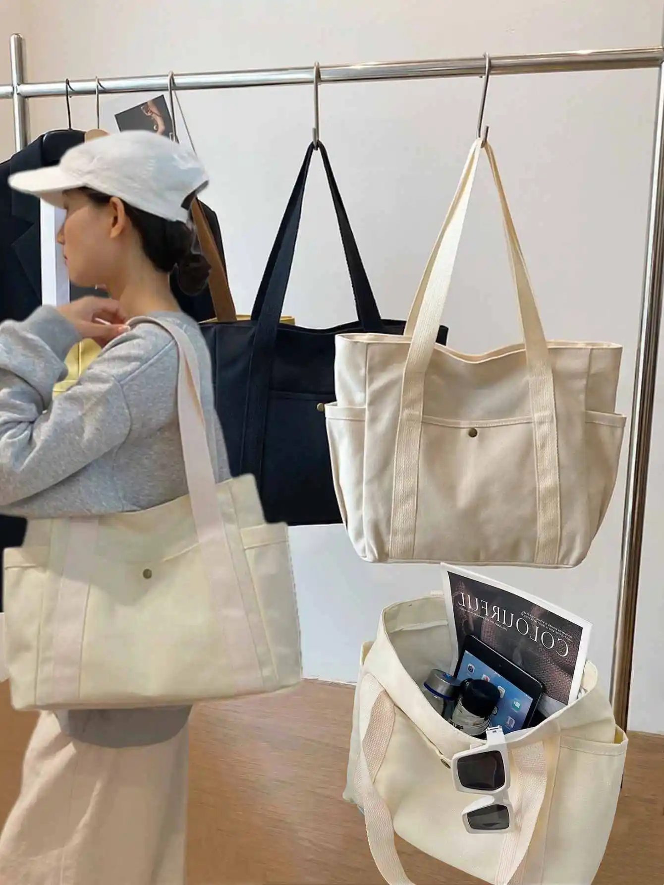 Large Capacity Canvas Tote Bags for Work Commuting Carrying Bag College Style Student Outfit Book Shoulder Bag Shopping Bag