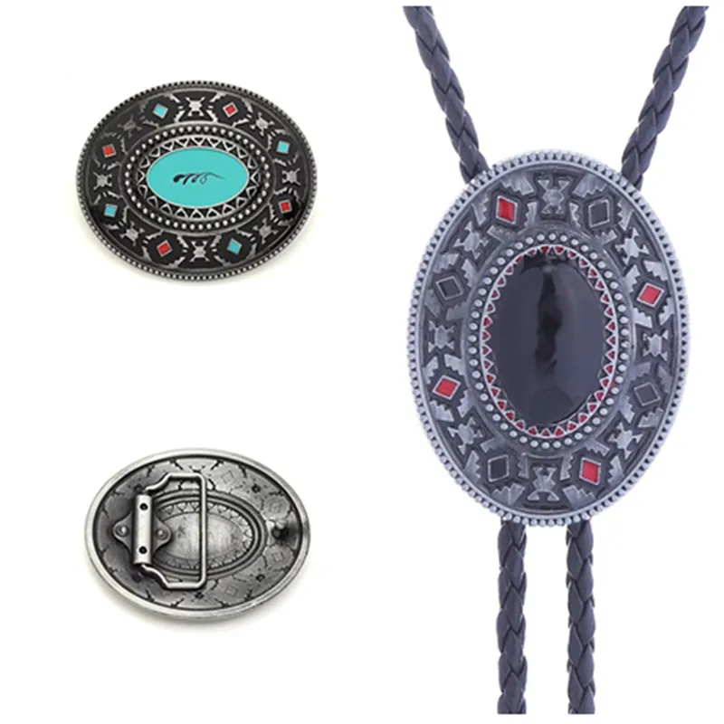 Two sets of Bolo ties with leather belt buckles, vintage Indian totem neckties, western cowboy neckties