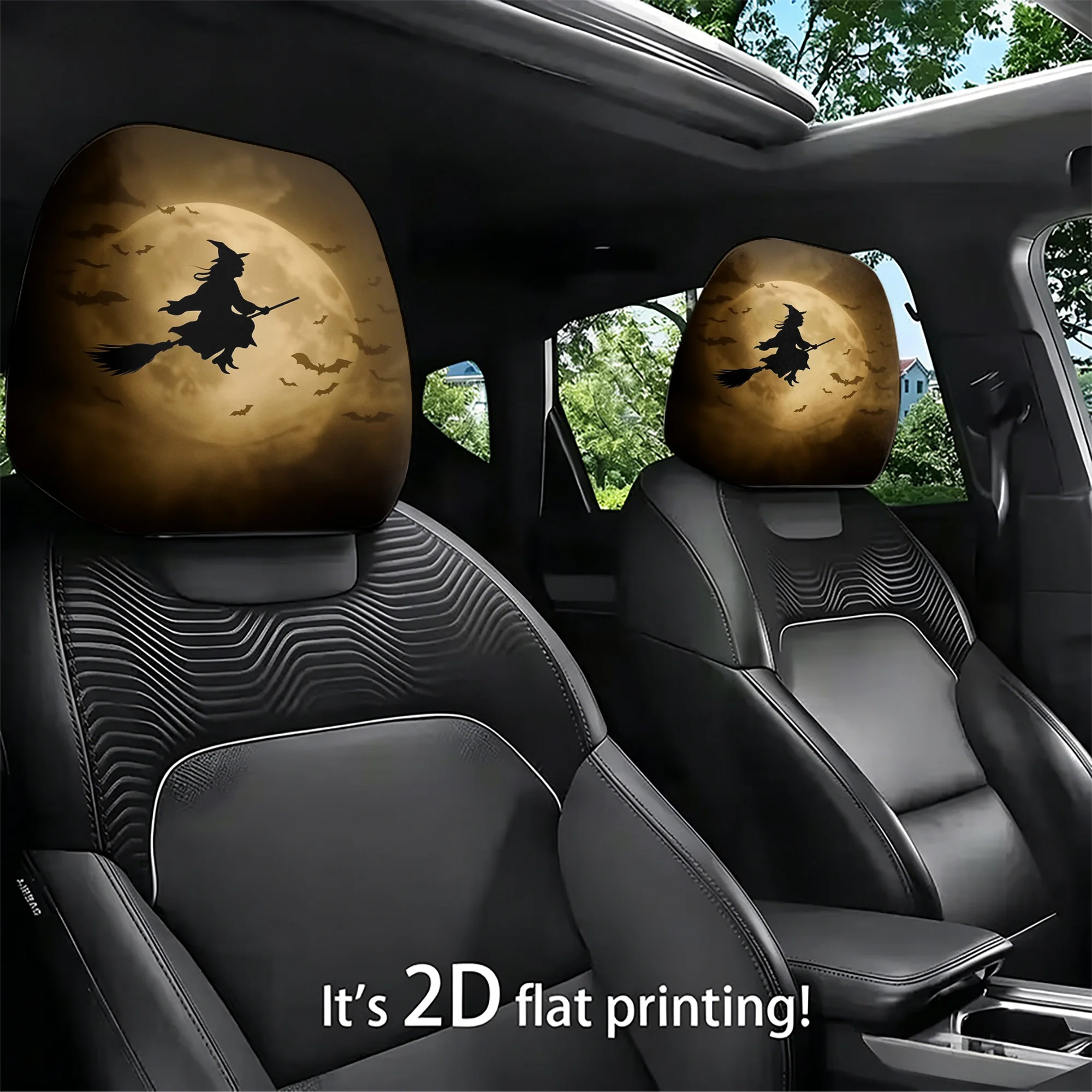 2pcs car headrest covers featuring witch and bat designs—the perfect choice for creating a spooky Halloween car interior. Does n
