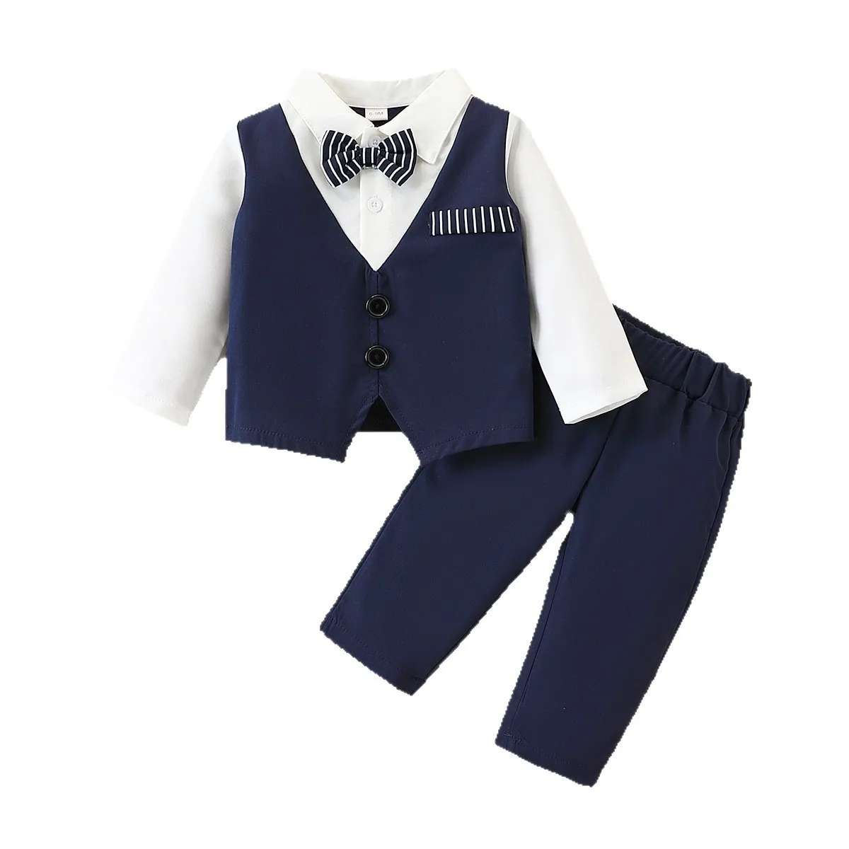 2026 Spring Autumn Boys 2Pcs Outfit, British Style Gentleman Fake Two-piece Long Sleeve Shirt & Pants Set  for 6M-3Y