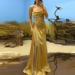 Sexy Glitter Mesh Satin Stitching Dresses 2024 Elegant Twisted Slim One Shoulder Party Gowns Chic High Split Evening Dress Women