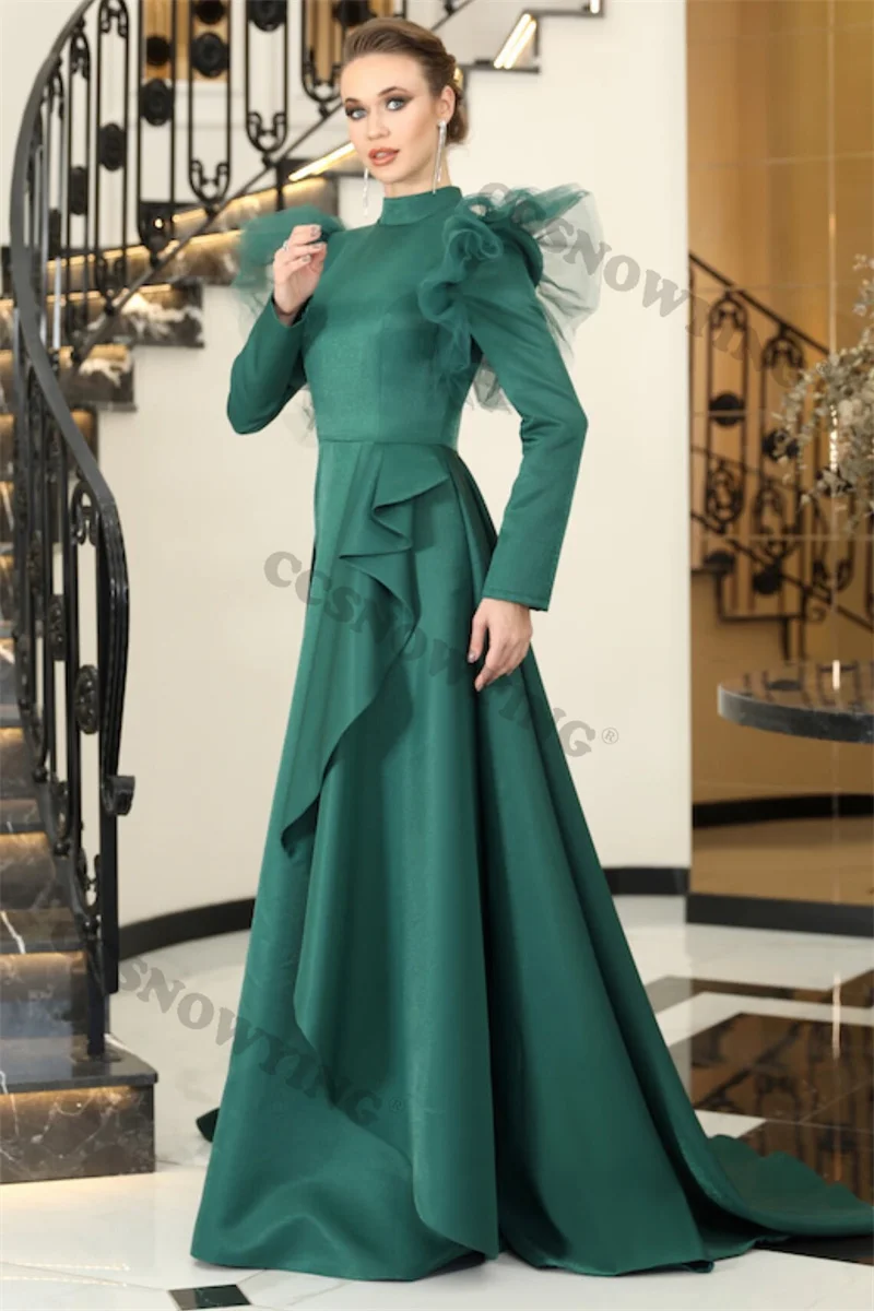 Vestido De noche Hijab musulmán De satén verde, manga larga, cuello alto, vestido De fiesta Formal islámico, una línea, árabe, Dubai