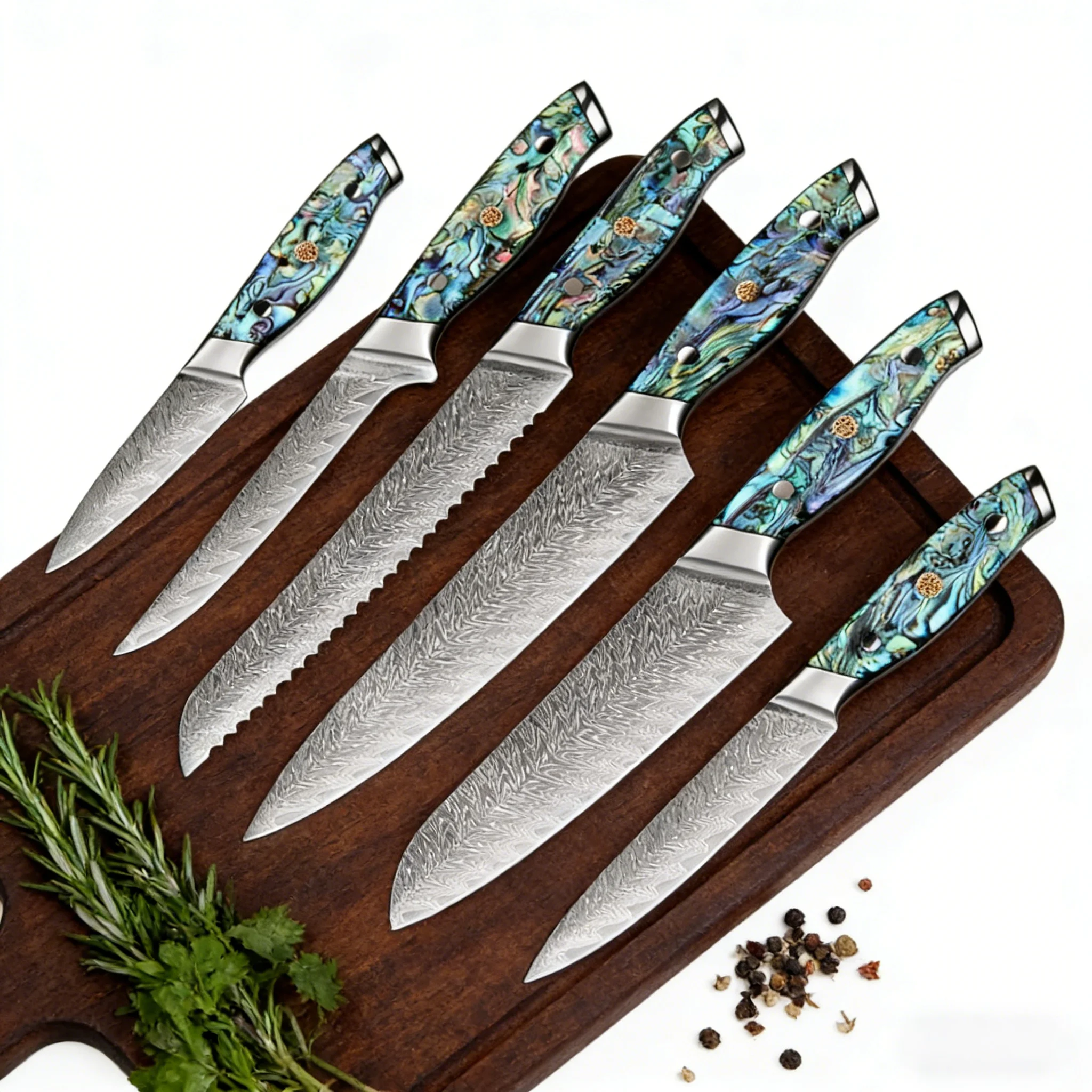 XITUO High-Carbon Damascus Steel Knife Set 1-6pcs Exquisite Abalone Shell Handle Chef Santoku, and Bread Knife Set Cooking Gift