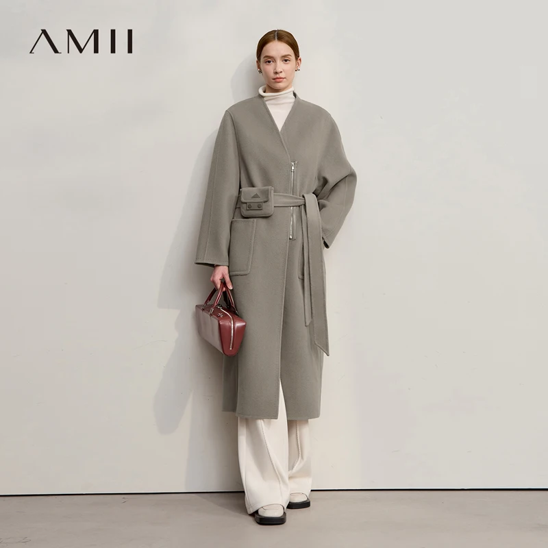 

AMII, женская куртка из 100% шерсти, пальто, зима 2025, новое длинное шерстяное пальто на молнии, женское пальто с поясом, двусторонняя твидовая куртка 12544007