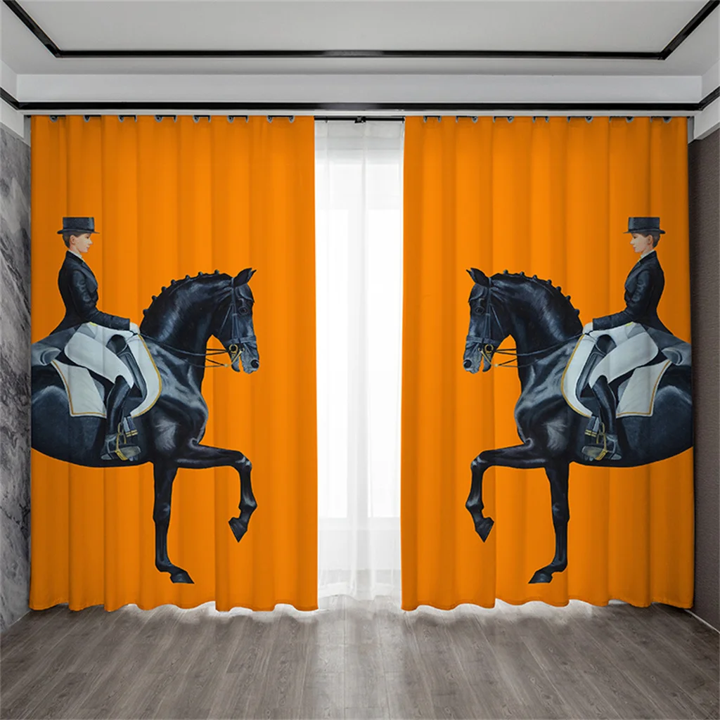 

Orange Deluxe Black White Horse Curtains 3D Digital Print Modern Pop Curtains 2Pcs Living Room Bedroom Balcony Window Decor