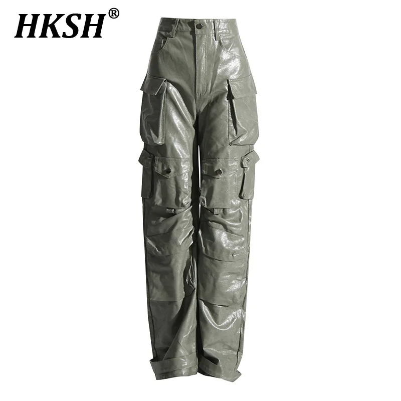 HKSH Niche Design Autumn Women's Tide Fashion Chic High Waisted Large Pockets PU Leather Straight Cargo Pants Silhouette HK3112