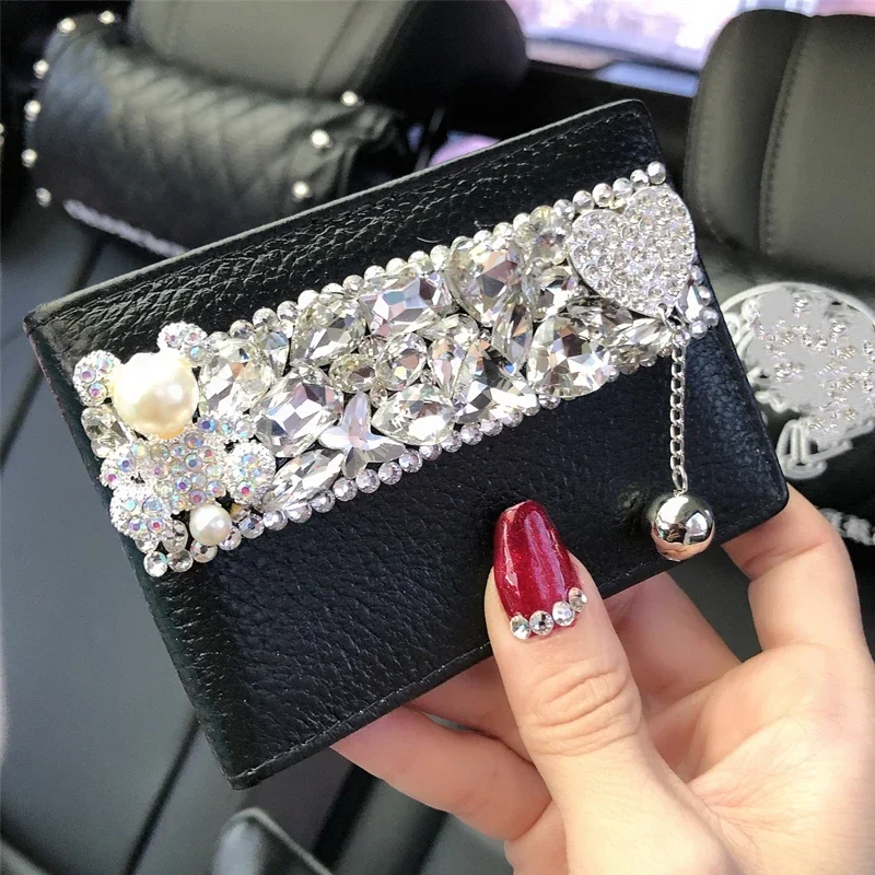 Car Driver's License Protective Case Rhinestone Bear Leather Ladies Driving Card Cover Business Card Holder Storage Decor