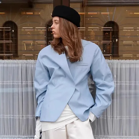 

Stylish Blue Autumn Women's Suit Jacket V-Neck One Button Pockets Asymmetric Designer Coat For Lady Commuting Casual Female Coat