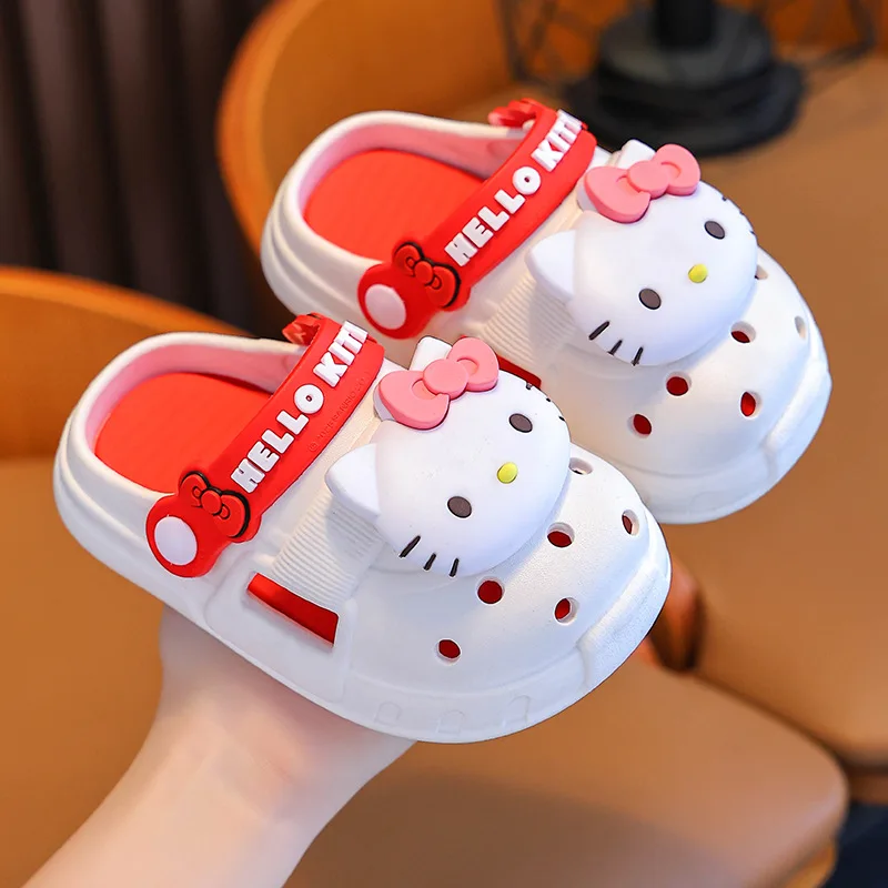 

Hello Kitty Girl Cartoon Summer Hole Shoes My Melody Kuromi Sanrios Children Bag Head Breathable Outside Wear Kids Beach Sandals