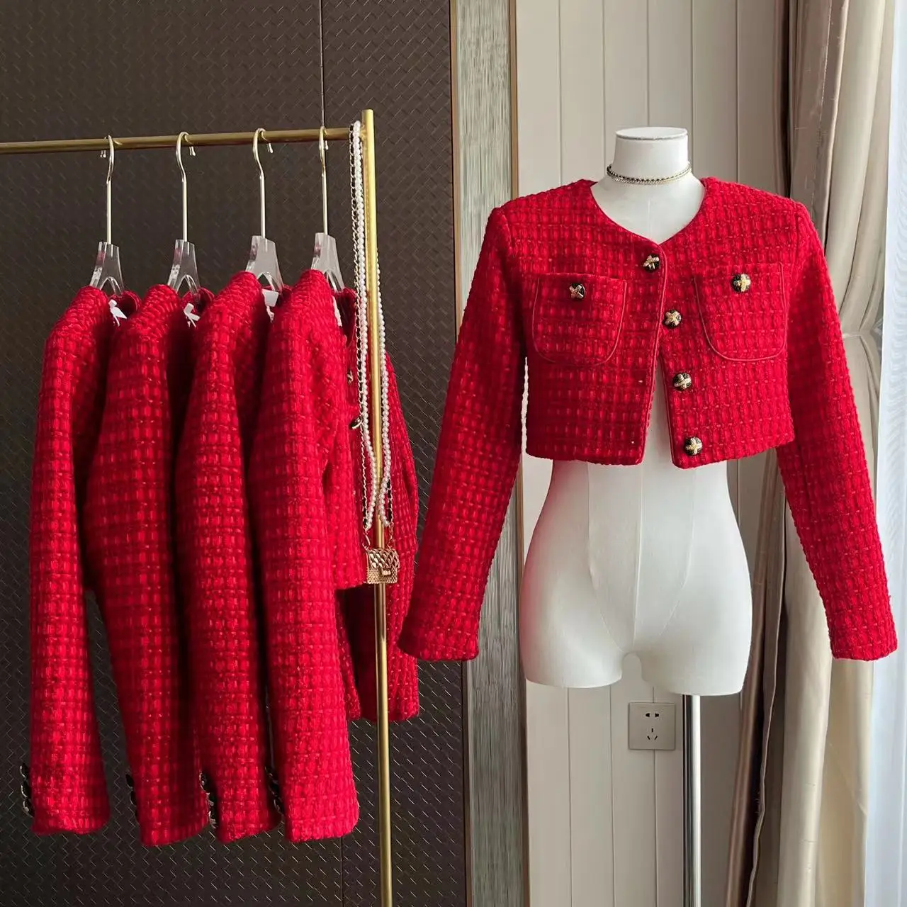 High Quality Chic Tweed Weave Cropped Jacket Women Trendy Round Neck Red Blazer Coat Small Fragrant Wind Single Breasted Outwear