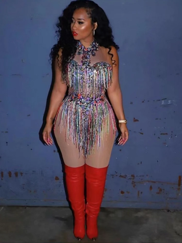 

Female Singer Colorful Fringed Onesie Nightclub Performance Costume Robe Femme Chic Et Élégante Party High-End Performance Dress