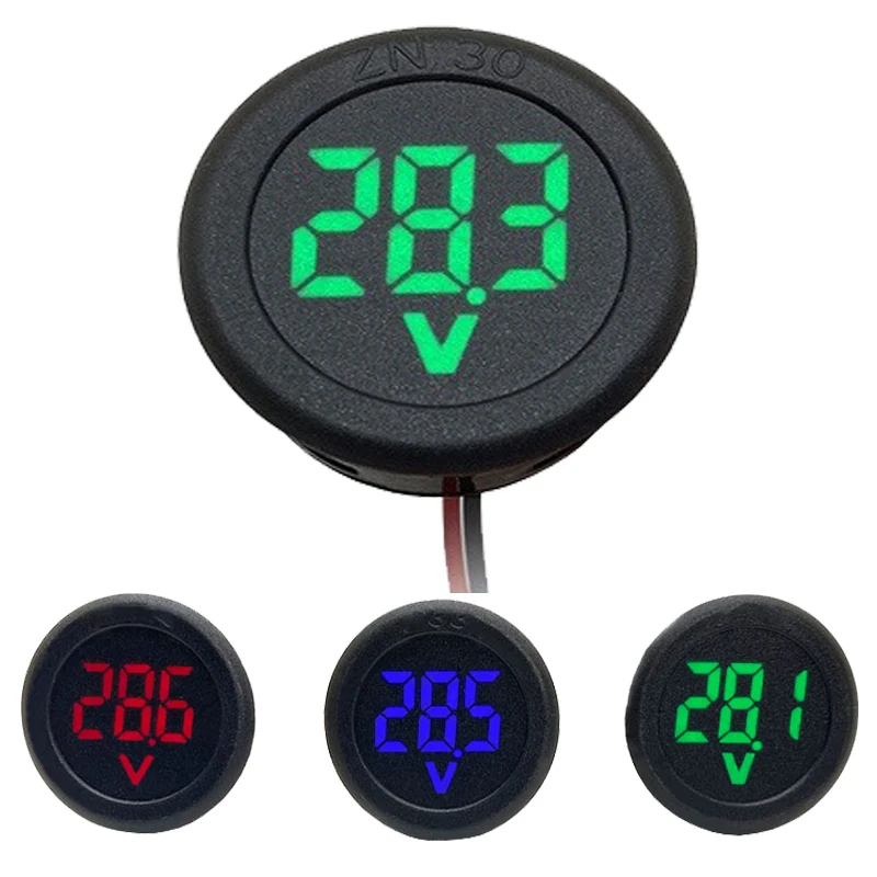 DC 4-100V Round LED Digital Display Two-wire Auto Voltmeter DC Digital Car Voltmeter Head Display Reverse Connection Protection