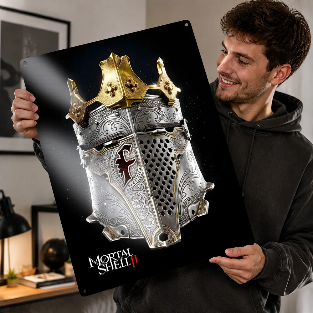 Mortal Shell II Ornate Knight Helmet Aluminum Poster Illustrated Wall Art For Gaming Room Personalized Metal Sign Birthday Gift