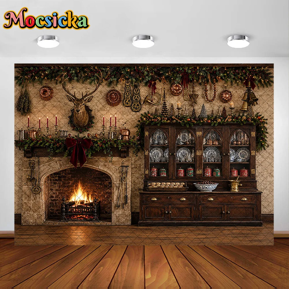 Mocsicka 3D Corner Room Photography Backdrop Wooden House Stone Fireplace Decoration Kid Christmas Party Portrait Studio Prop