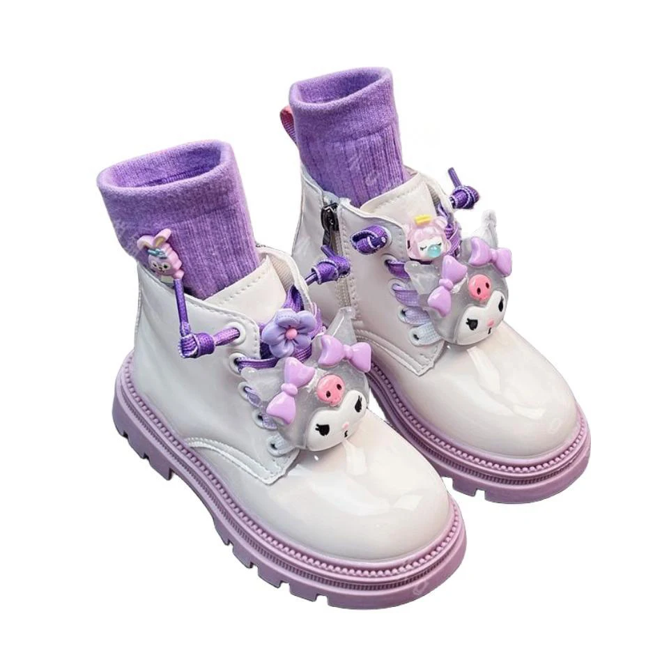 Anime Kawaii Sanrio My Melody Kuromi Velvet Warm Girl Martin Boots British Style Soft Sole Anti-Slip Cartoon Cute Kid Short Boot