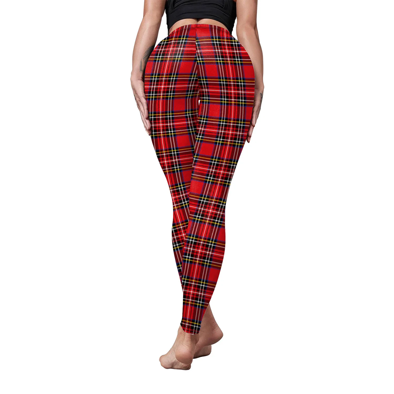 Zawaland Red Striped Plaid Leggings Women's Slim Elasticity Mid Waisted Workout Christmas 3D Printing Leggins Fitness Leggings